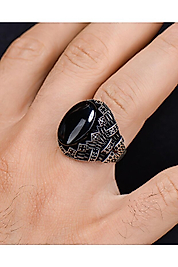 Gümüş Erkek Yüzüğü Oniks Taşlı 925 Ayar Zirkon Taş Süslemeli